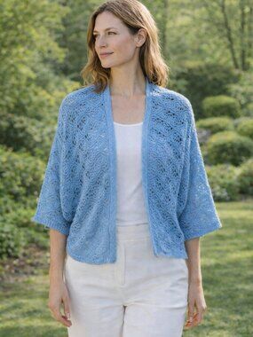 Chico’s Blue Linen Blend Crochet Open Knit Shrug Patrice Cardigan